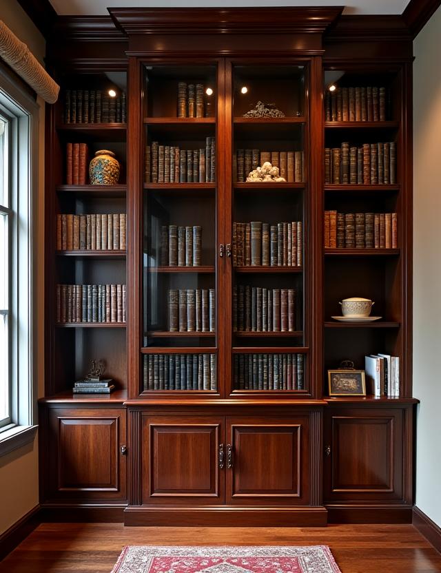 A rich, dark walnut bookcase showcasing classic design elements.
