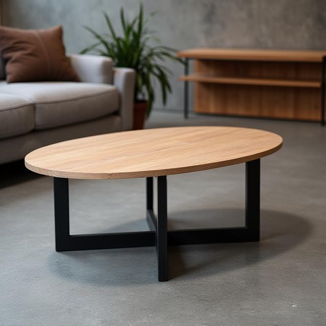 An industrial-style coffee table with an ash wood top and metal legs.