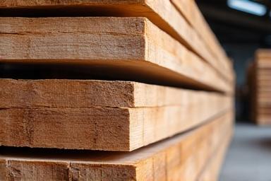 Stacks of sustainably sourced raw timber planks.