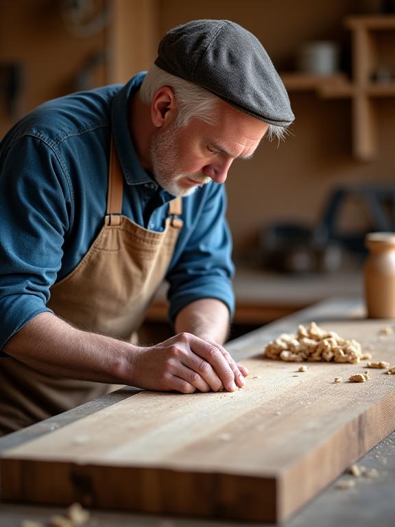 A master craftsman carefully sanding a piece of solid oak at a workbench.